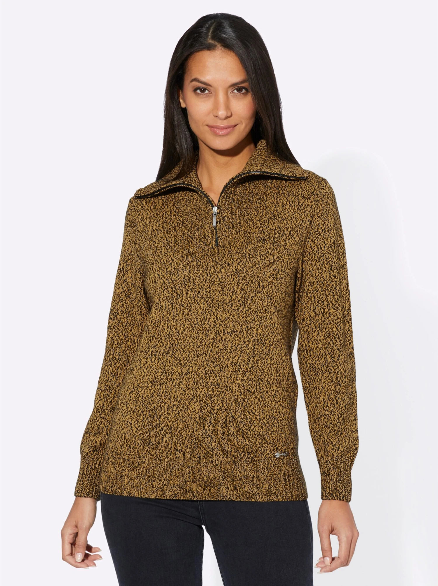 Langarm-Pullover - Ocker-schwarz-meliert