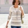 Strickpullover - Ecru-taubenblau-gestreift