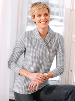 Langarmshirt - Grau-weiß-gemustert