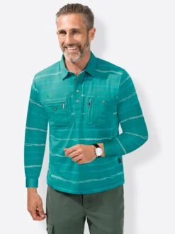 Langarm-Poloshirt - Mint-gestreift