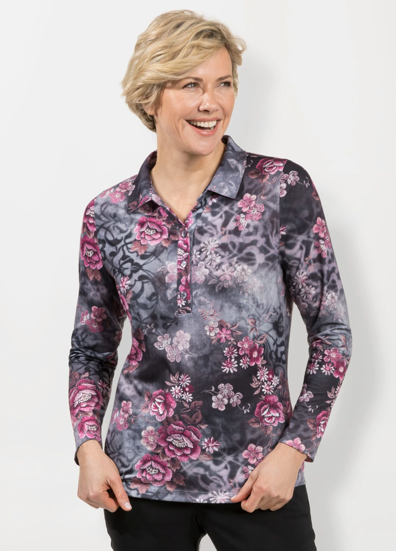 Poloshirt - Grau-rosé-bedruckt – Bild 2