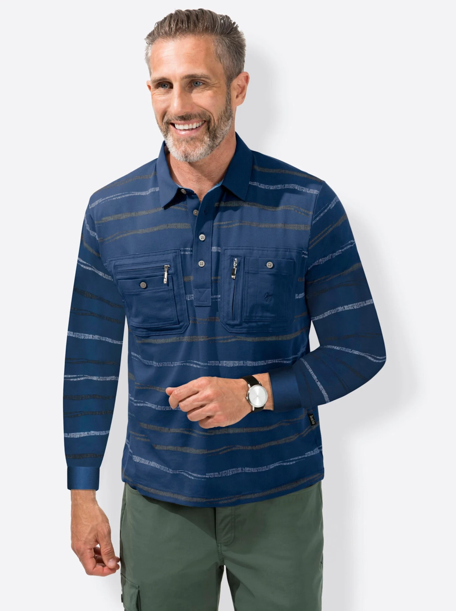 Langarm-Poloshirt - Blau-gestreift