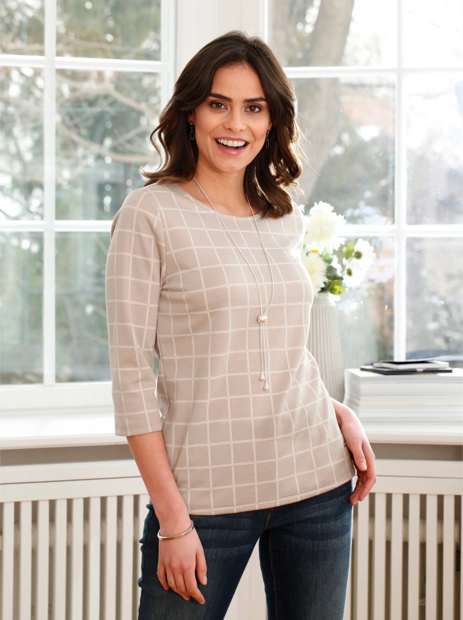 3/4-Arm-Shirt - Beige-kariert