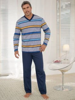 Schlafanzug - Marine-gelb-gestreift