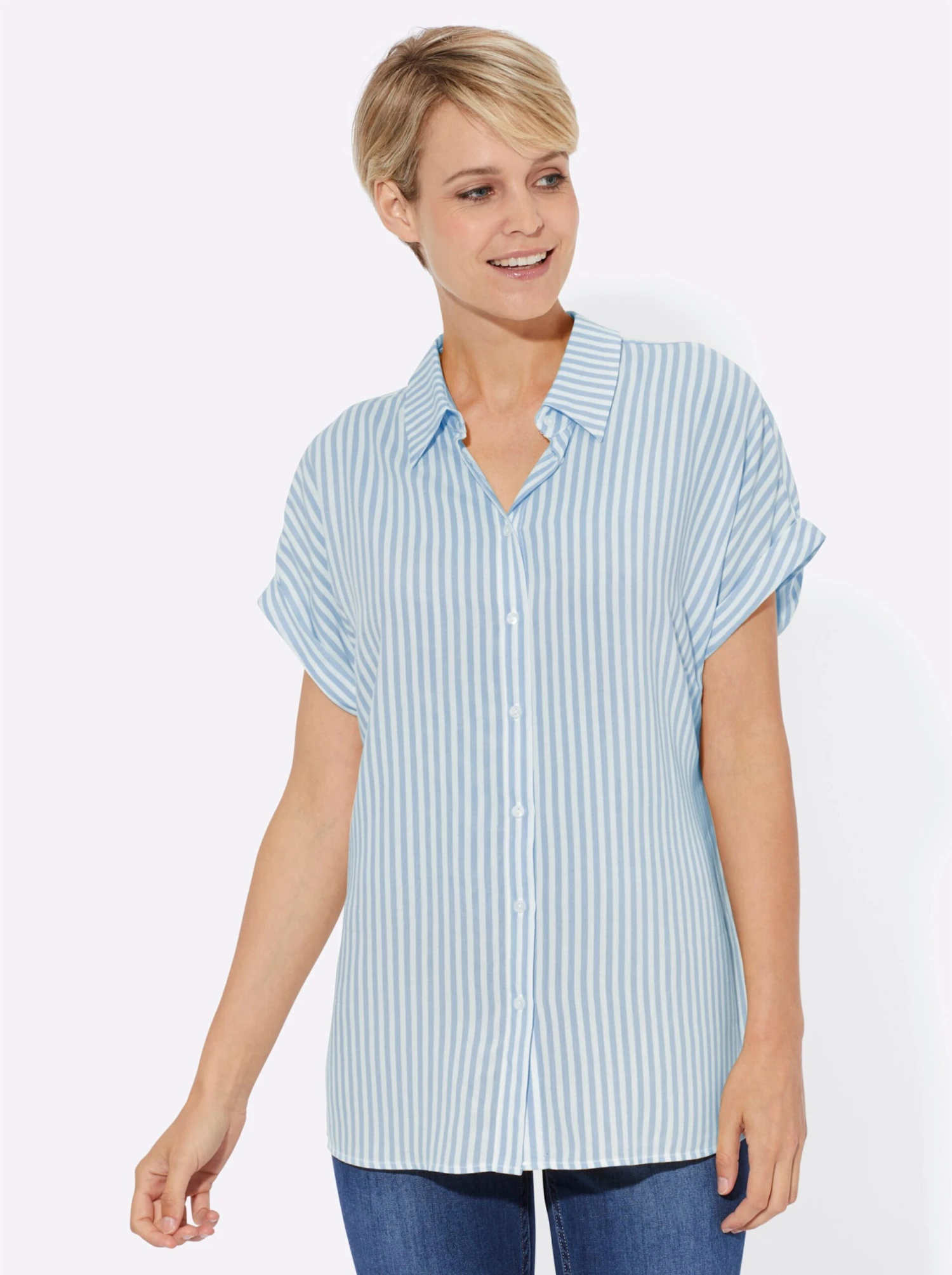 Kurzarmbluse - Eisblau-weiß-gestreift – Bild 2