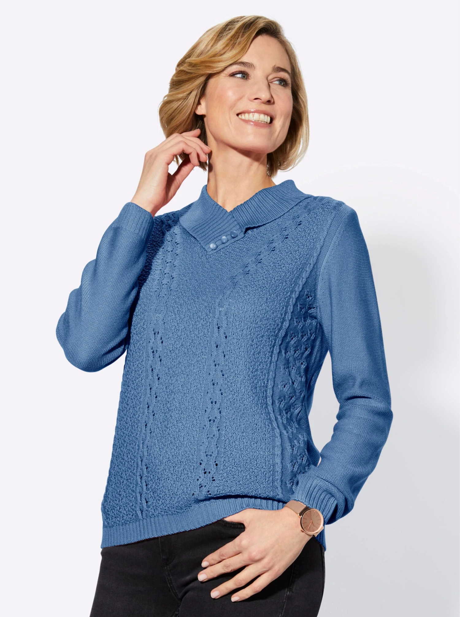 V-Ausschnitt-Pullover - Mittelblau – Bild 2