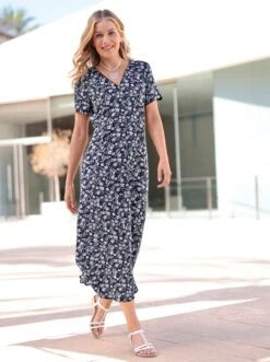 Druck-Kleid - Marine-ecru-bedruckt