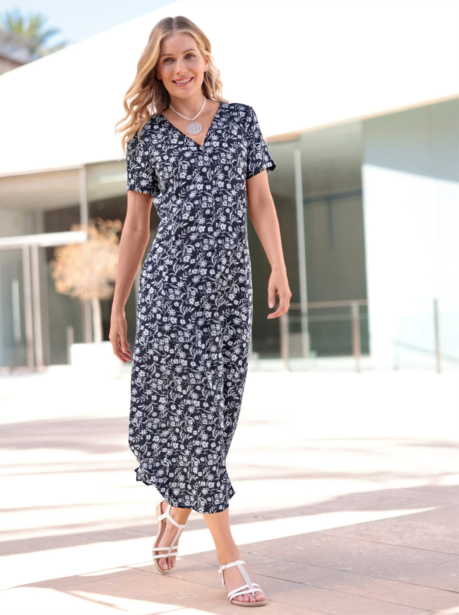 Druck-Kleid - Marine-ecru-bedruckt