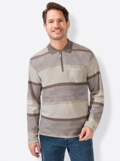 Langarm-Poloshirt - Taupe-gestreift