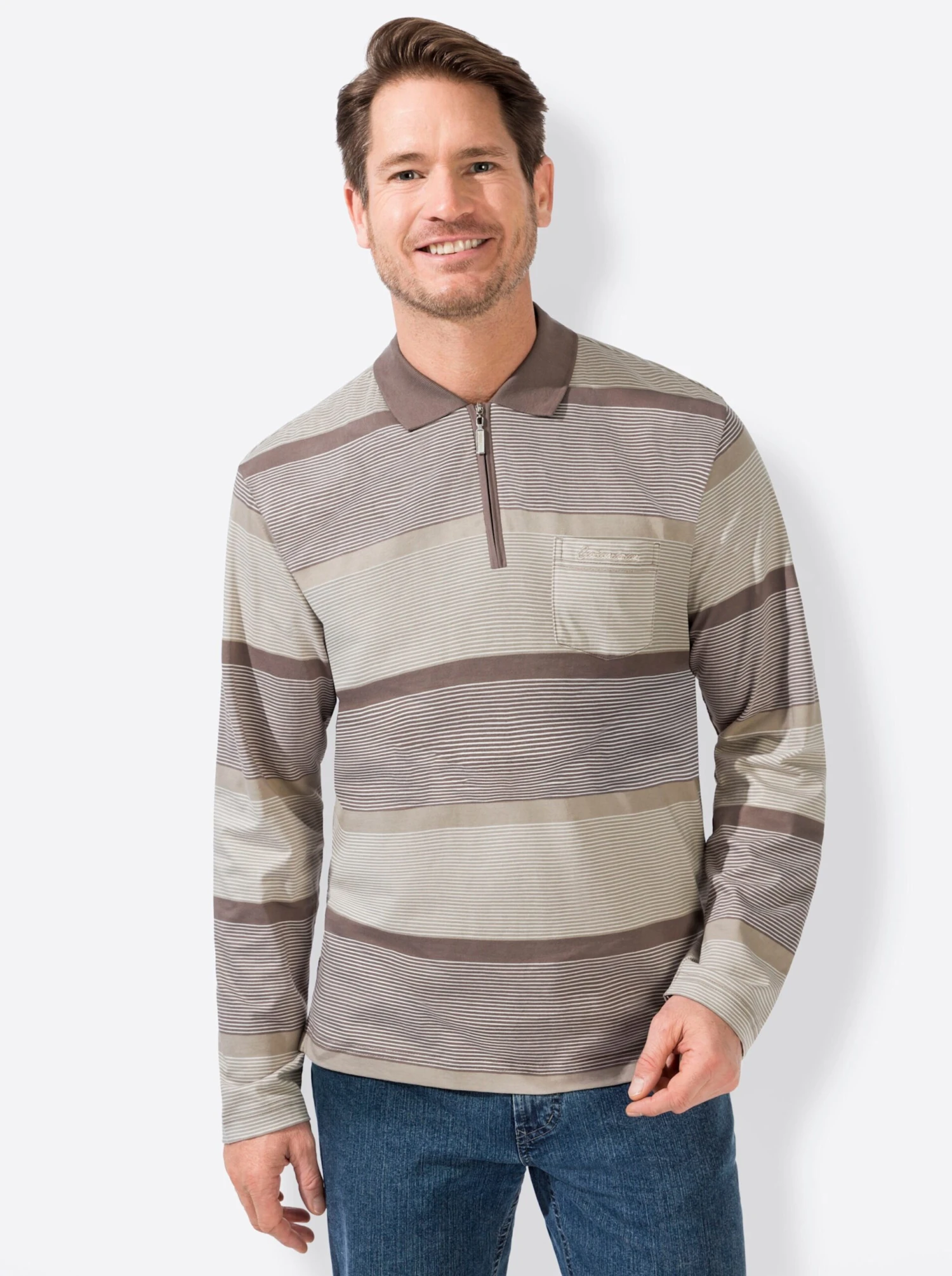 Langarm-Poloshirt - Taupe-gestreift