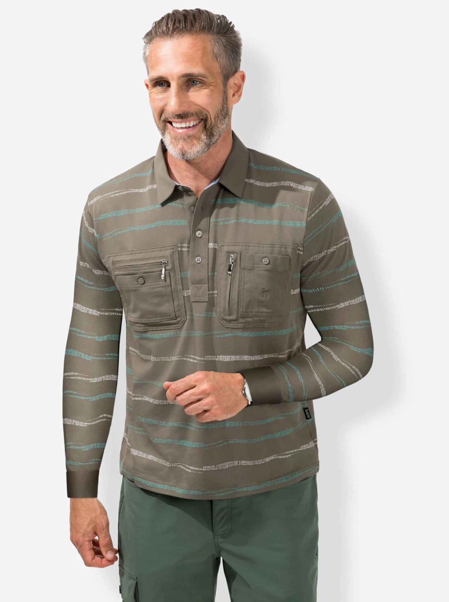 Langarm-Poloshirt - Schilf-gestreift