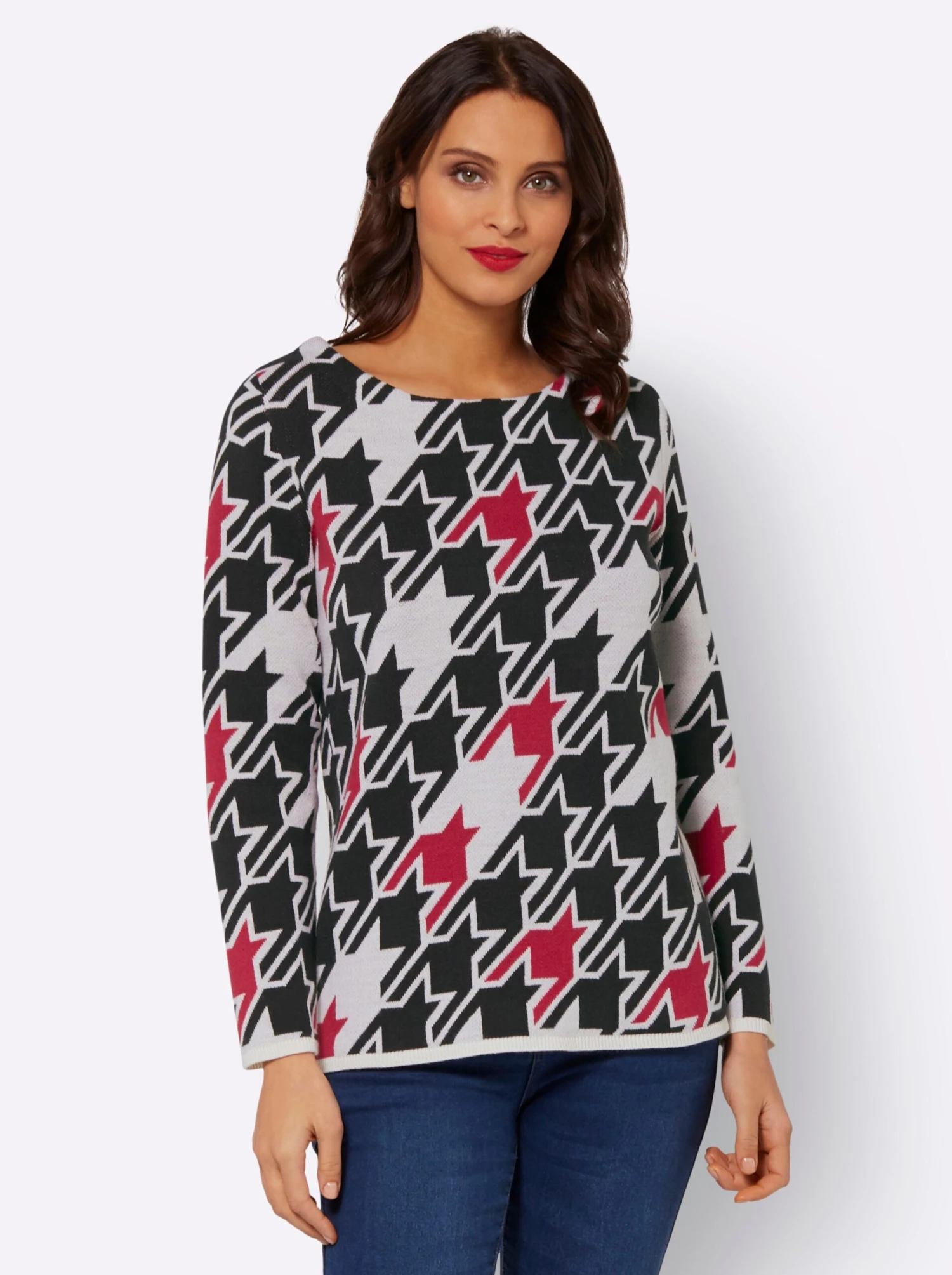 Jacquardpullover - Ecru-rot