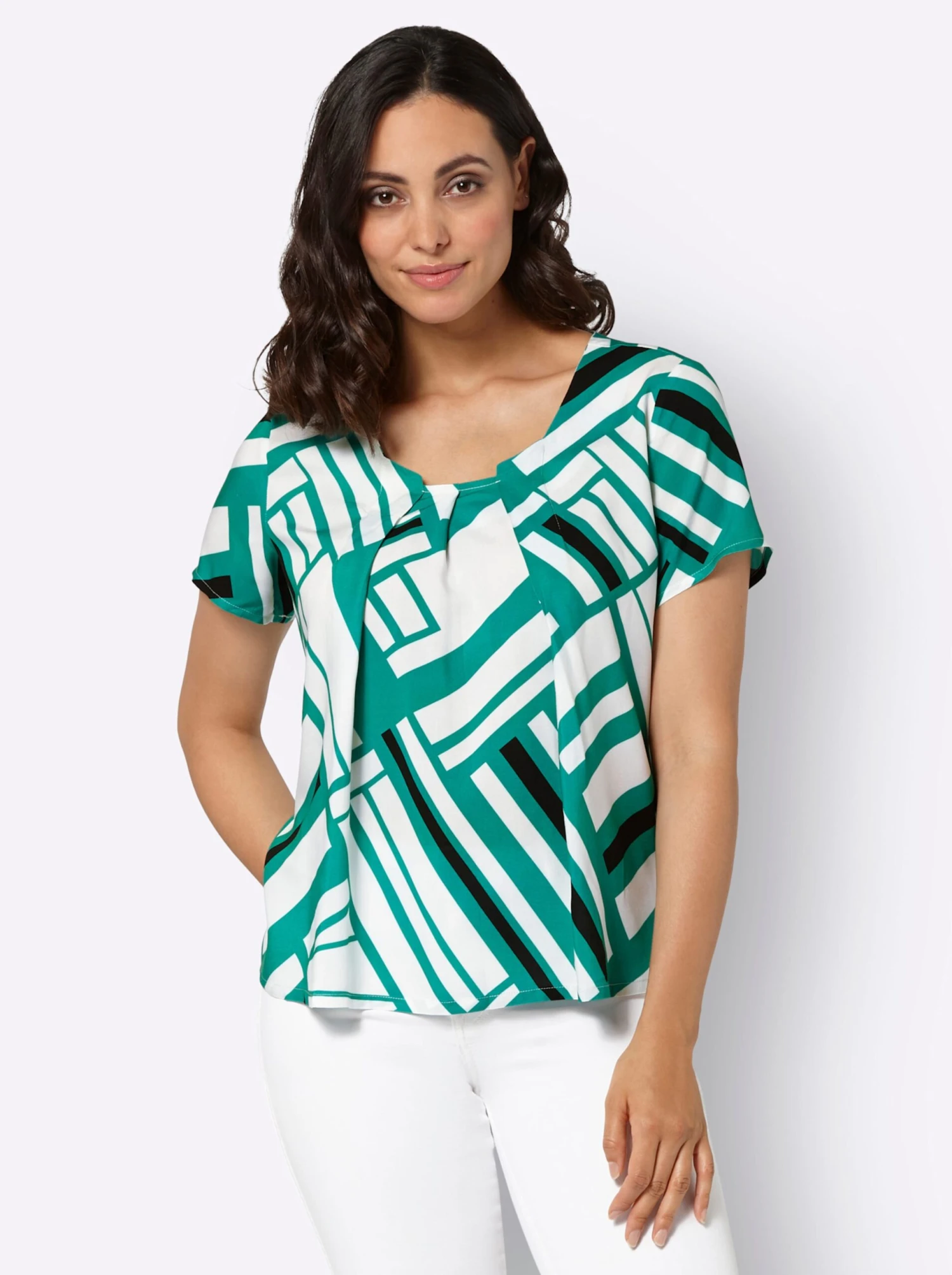 Druckbluse - Smaragd-ecru-bedruckt