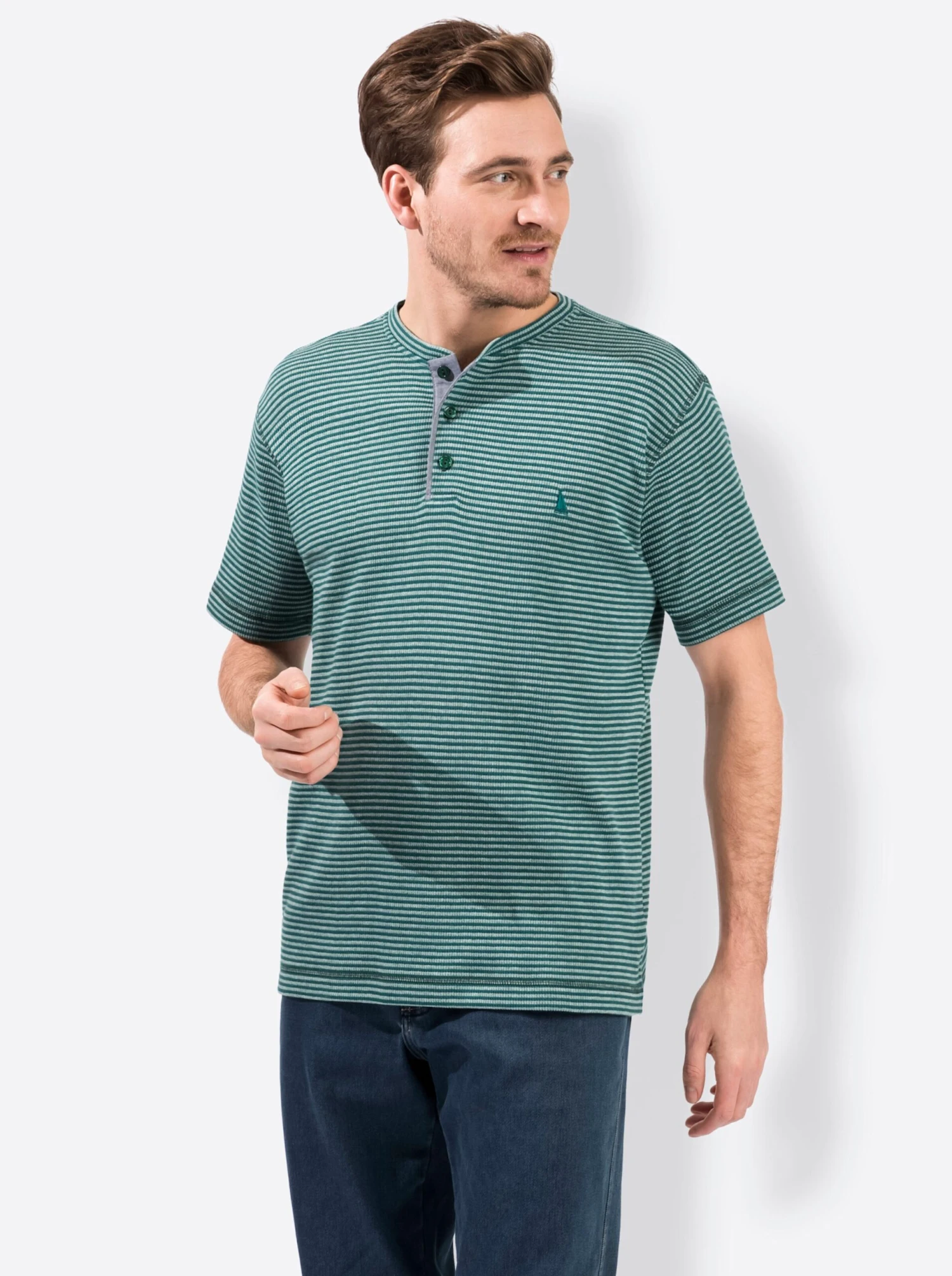 Kurzarm-Shirt - Grün-grau-gestreift